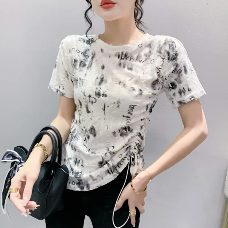 

#6770 Summer Black White Mesh T Shirt Short Sleeve Letters Printed T-shirt Female O-neck Irregular Vintage Short Womens Tshirt