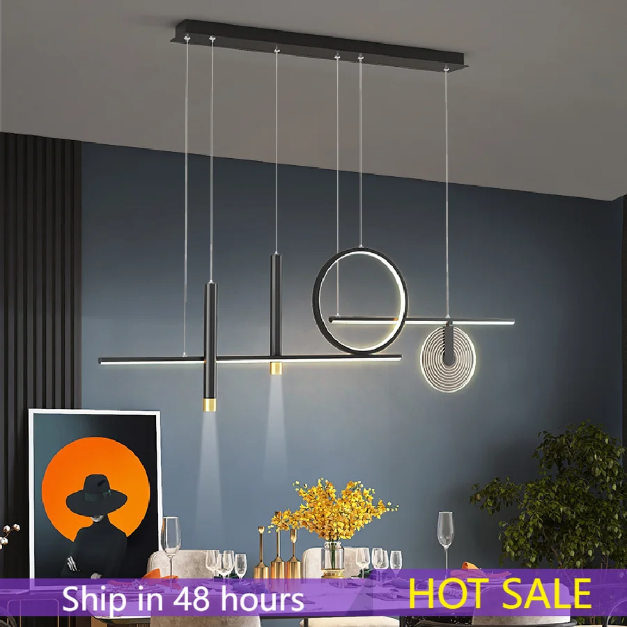 

LED Chandelier Black Modern Minimalist Dining Room Island Lighting Hanging Fixtures Restaurant Bar Coffee Deco Iron Pendant Lamp