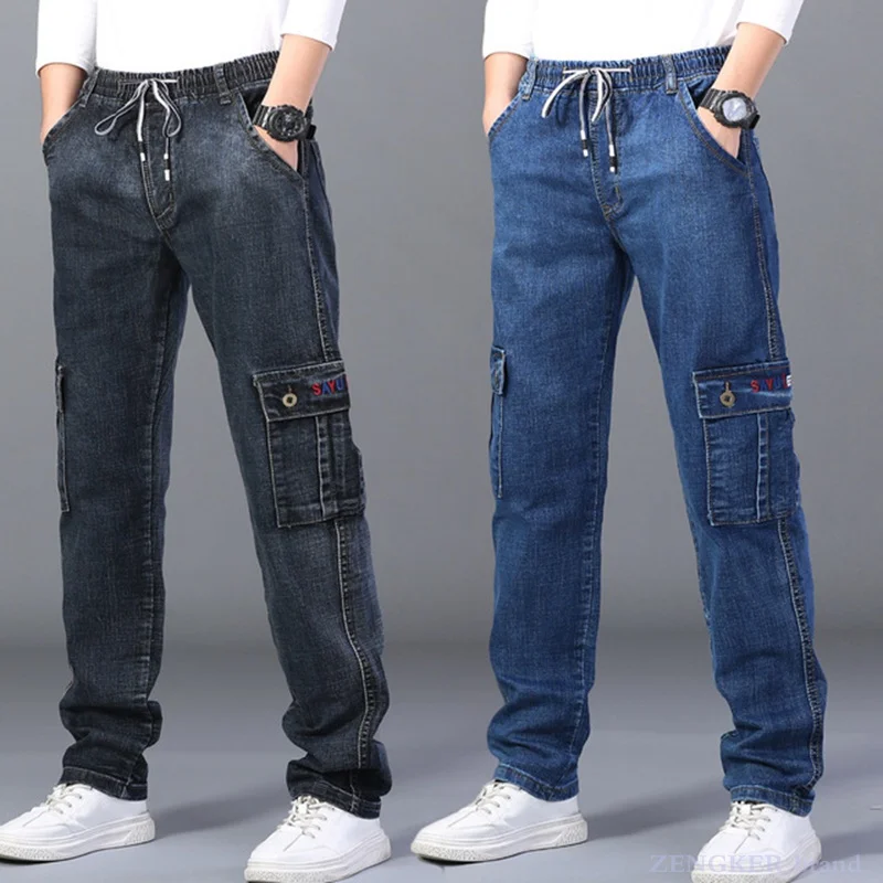 Super Loose Elastic Jeans Men's High Waist Straight Tube Oversized Pants Elastic Waist Leisure Deep Crotch Plus Obesity 28-48