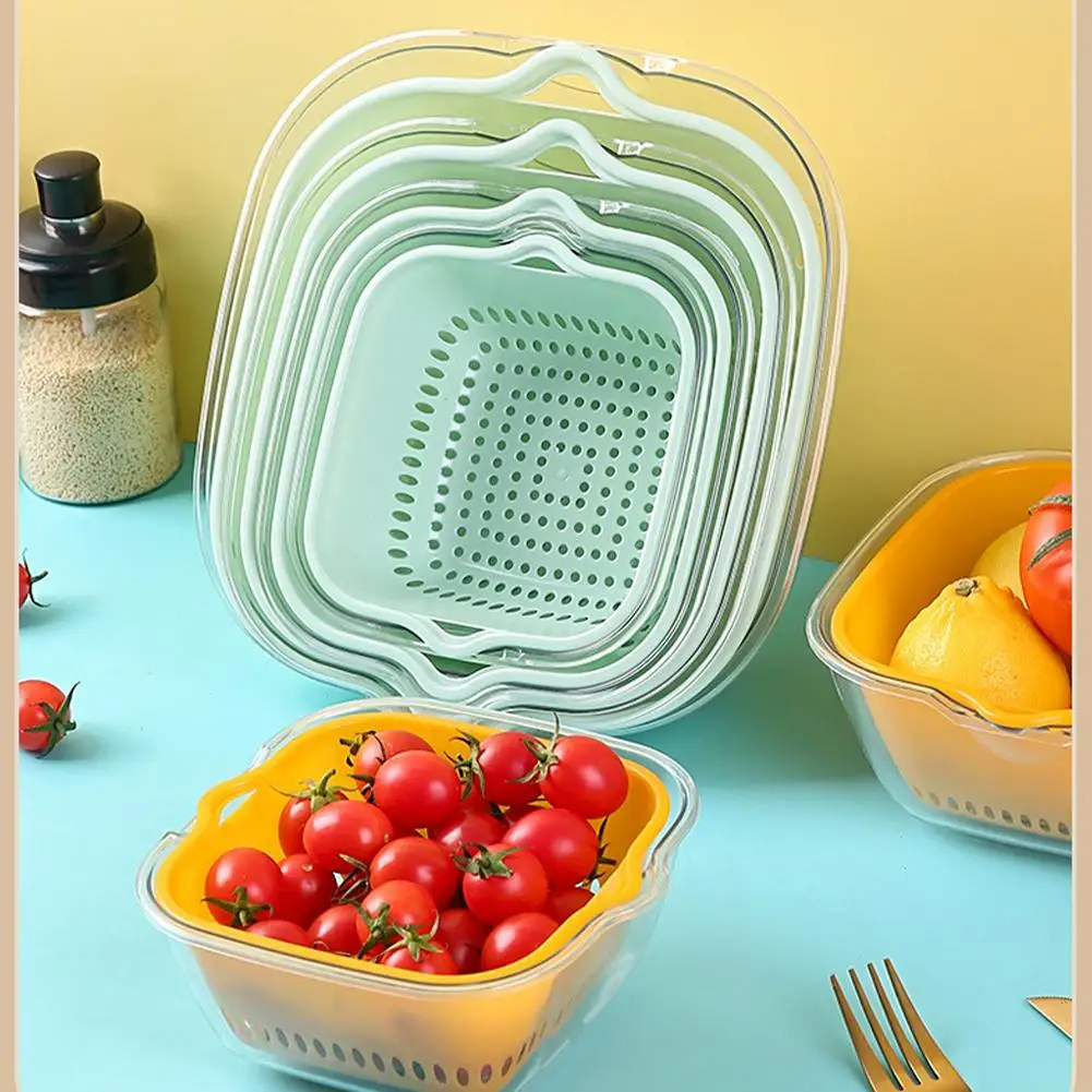 

Kitchen Double Layer Drain Basket Multifunctional Contrast Color Vegetable Washing Basket Fruit Basin