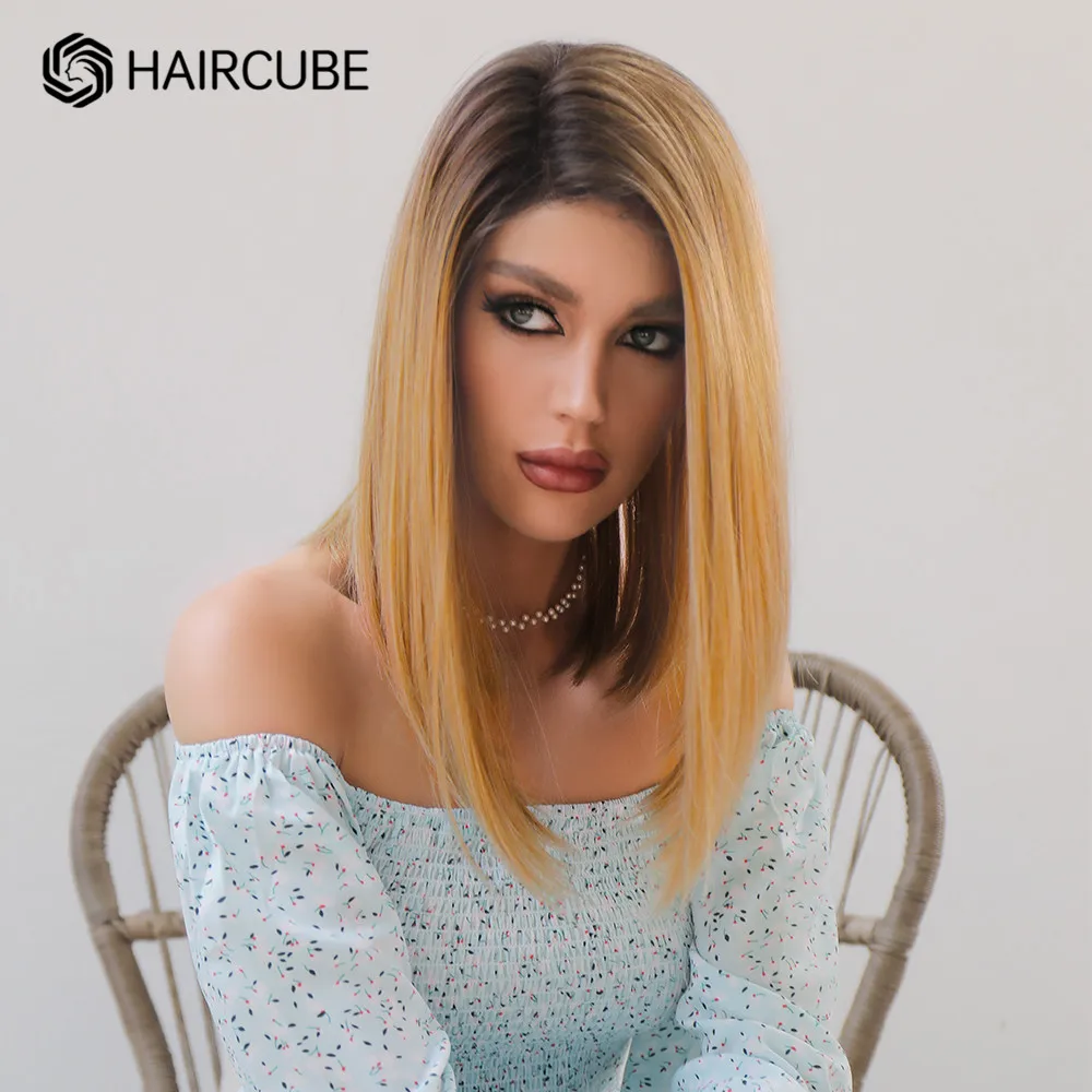 

Парик HAIRCUBE с эффектом омбре, медовые светлые волосы с темными корнями, 13*1, парики на сетке спереди, прямые волосы средней длины, Боб, парик дл...