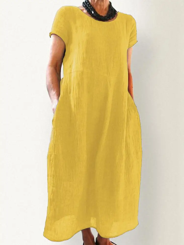 

2022 ZANZEA Women Elegant Party Midi Dress Fashion Summer O Neck Short Sleeve Solid Sundress Robe Femme Holiday Vestidos Kaftan