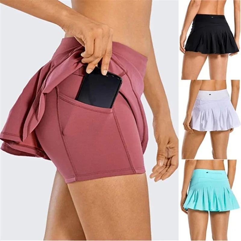 

Summer Women Sport Athletic Skirted Run Shorts Solid Color Pleated Tennis Golf Skirt Anti Exposure Fitness Short Skirt