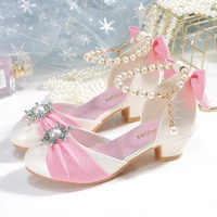 girl children sandals for dance ankle pearl buckle breathable cow insole crystal princess shoe high heeled wedding kids shoes