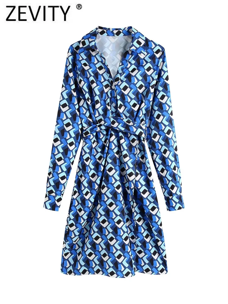 

Zevity Women Vintage Geometric Print Waist Bandage Mini Shirt Dress Female Long Sleeve Casual Breasted Business Vestidos DS2498