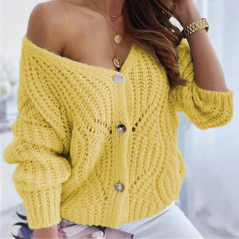 

Fashion Single Breasted Knitted Blouse Women Loose Casual Long Sleeve Autumn Knitting Pullover Female V Neck Hollow Jackets Top