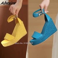 abesire ankle buckle wedges sandals weave brown blue yellow high heel sandals for women sexy platform shoes on heels black white