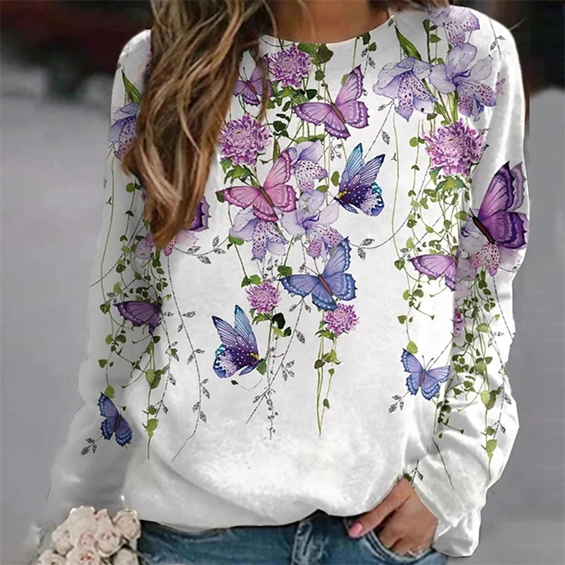 

Women Sweatshirt Winter Round Neck Floral Butterfly Print Lady Tops Casual Long Sleeve Loose Outdoor Sweatshirts Woman Pullovers