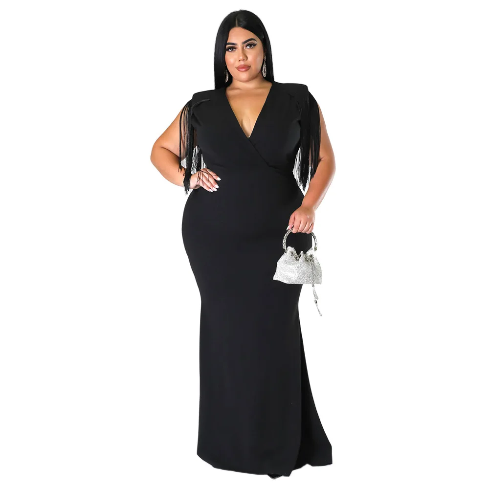 Women's Plus Size Dress Spring And Summer Temperament Commuter Solid V-neck Tassels Fashion Sexy Party Temperament Dress