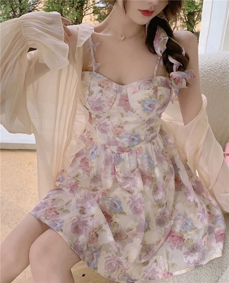 

Kawaii Girl Japan Sweet Summer Pink Dress Elegant Floral Printed Strap Dress Women Backless Mini Dress Korean Party Fairy Dress