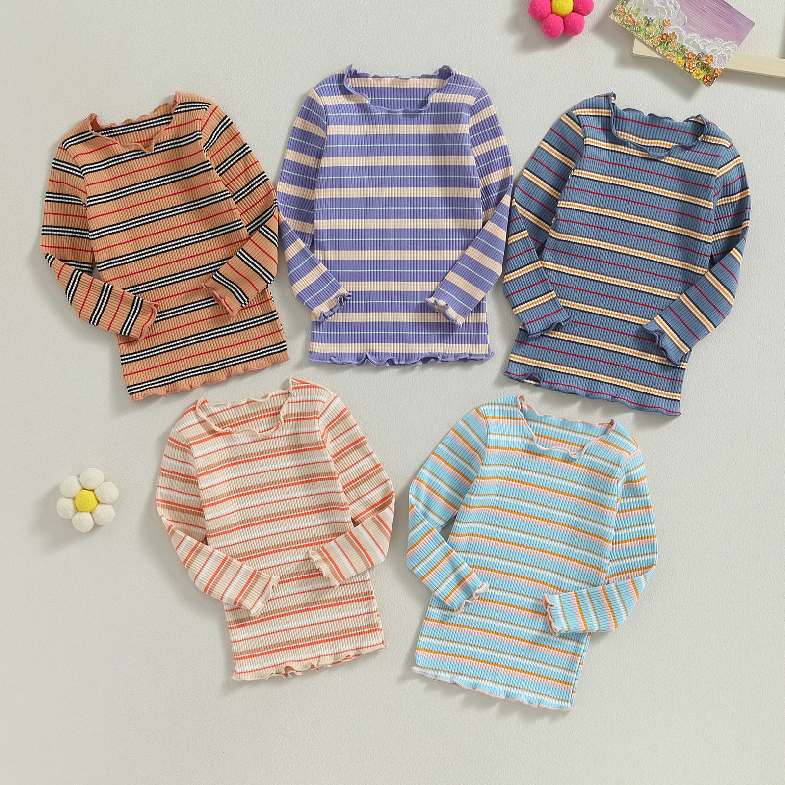 

Kids Baby Girl Shirt Casual Stripe Print Lettuce Trim Children's Cotton Long Sleeve Tops Basic Shirts Cute Pullovers for Toddler