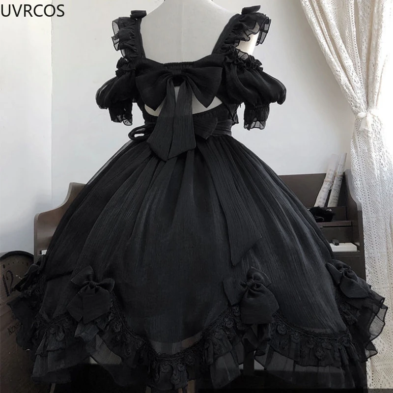Japanese Victorian Gothic Lolita Dress Women Black White Elegant Backless Fairy Dresses Girly Kawaii Sweet Cosplay Mini Vestidos images - 6