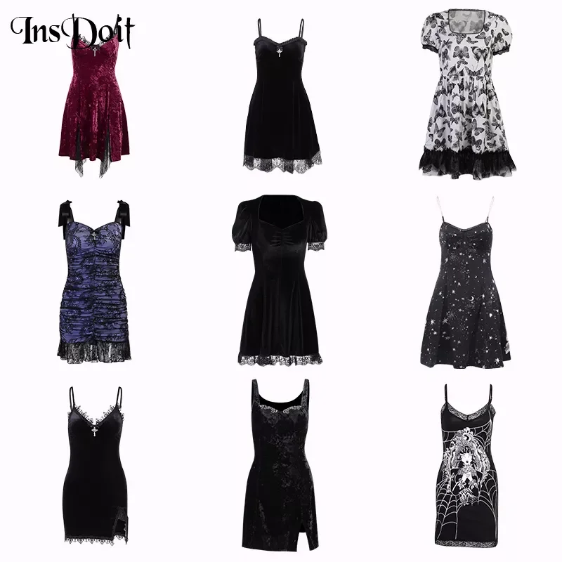 

InsDoit Mall Gothic Velvet Summer Dress Women Vintage Punk Grunge Lace Sexy Dress Harajuku Print Streetwear Y2K Aesthetic Dress