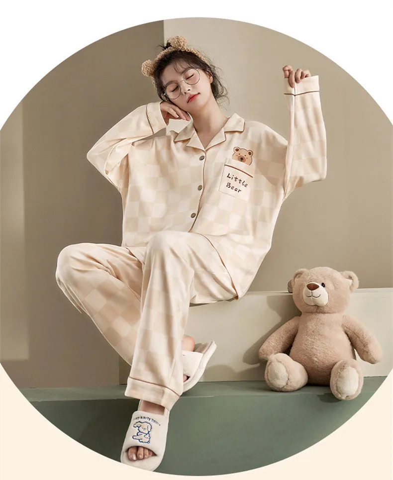 Spring Autuum Fashion Women's Casual Print Pocket Sleepwear Homewear Cute Lovely Pajamas Set With Pants Bear Soft Cotton