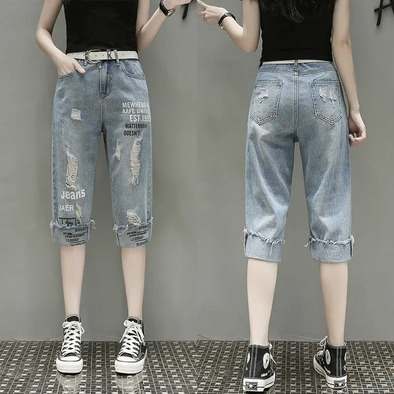 

Women's New Fashion Jeans Loose Broken Hole Pants Summer Denim Capri Trousers Vintage Thin Casual Straight Cowboy Pants E72