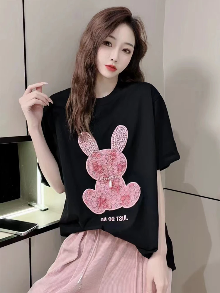 

Тяжелая промышленная футболка с коротким рукавом с кроликом и бриллиантами, летняя новая футболка большого размера средней длины для женщин