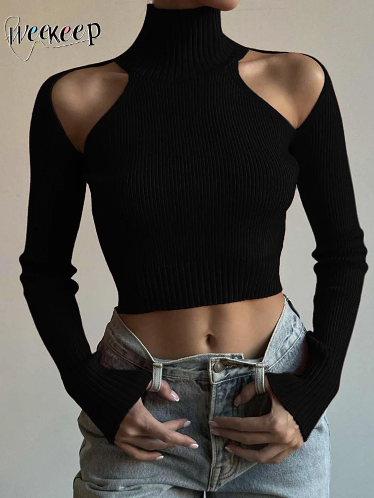 

Weekeep Basic Black Turtleneck Sweater Pullovers Hollow Out Off Shoulder Skinny Casual Sweaters Streetwear Women Knitwear Jumper