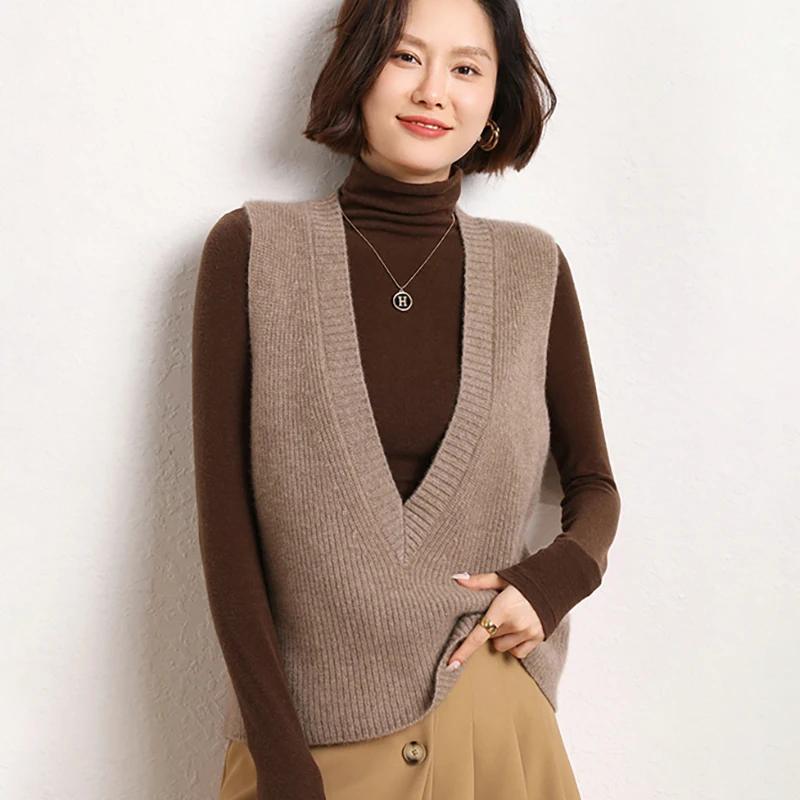 Autumn and Winter New Women's V-neck Cashmere Sweater Thickened Pullover Warm Vest Loose Fashion Versatile Cashmere Knitted Vest