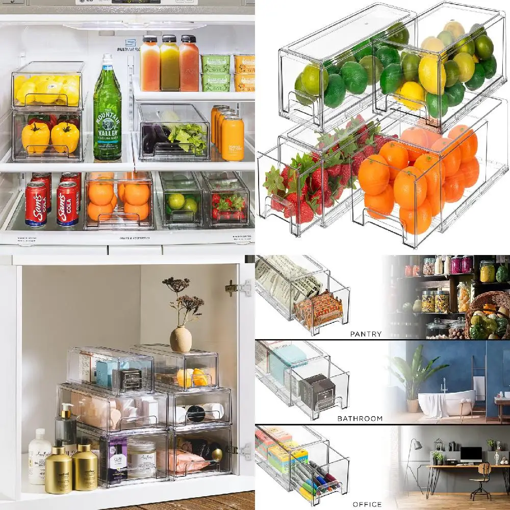 

Вместительные прозрачные пластиковые штабелируемые выдвижные контейнеры для хранения пищевых продуктов, набор с деревянными ящиками, иде...