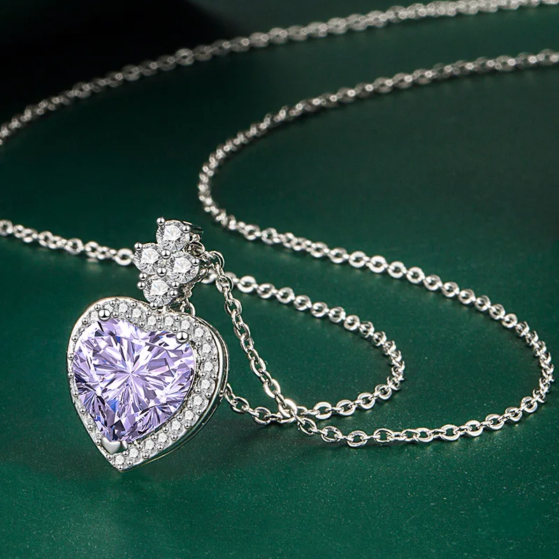 

Love Shape Purple Crystal Pendant Pink Diamond Color Treasure Copper Inlaid Zircon Necklace Jewelry Accessories Women's