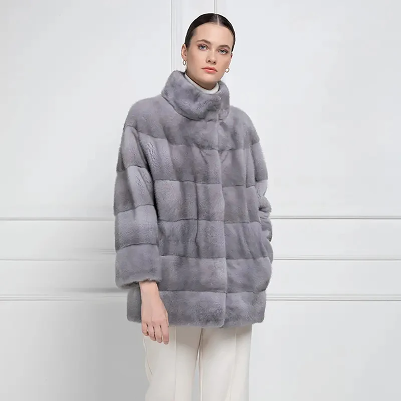 Genuine Mink Fur Jacket Women Winter Stand Collar Loose Grey Luxury Fashion Outertwear Natural Real Mink Fur Coats Female