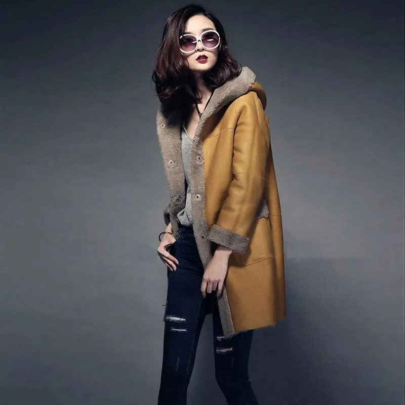 Winter Female 200 kg Hooded PU Leather Women Medium Long Imitation Fur One Coat Fur Shearling Slim Jacket  Women Stitching Coat