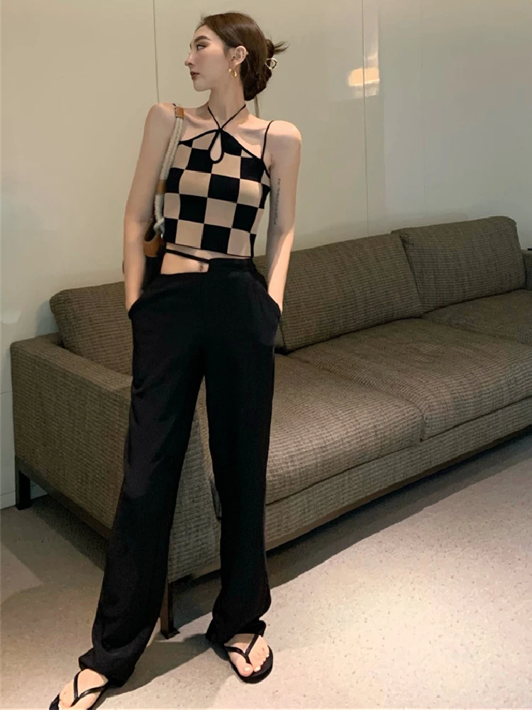 Summer Dress Women Sexy Plaid Bodycon Evening Dresses Girls T Shirt Women Sleeveless Vest Crop Tops Skinny Slim Kinitted Y2K