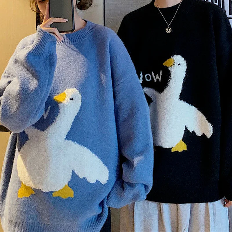 

Deeptown Korean Style Kawaii Cartoon Goose Print Knitted Sweater Women Harajuku Oversize Crewneck Long Sleeve Jumper Pullover