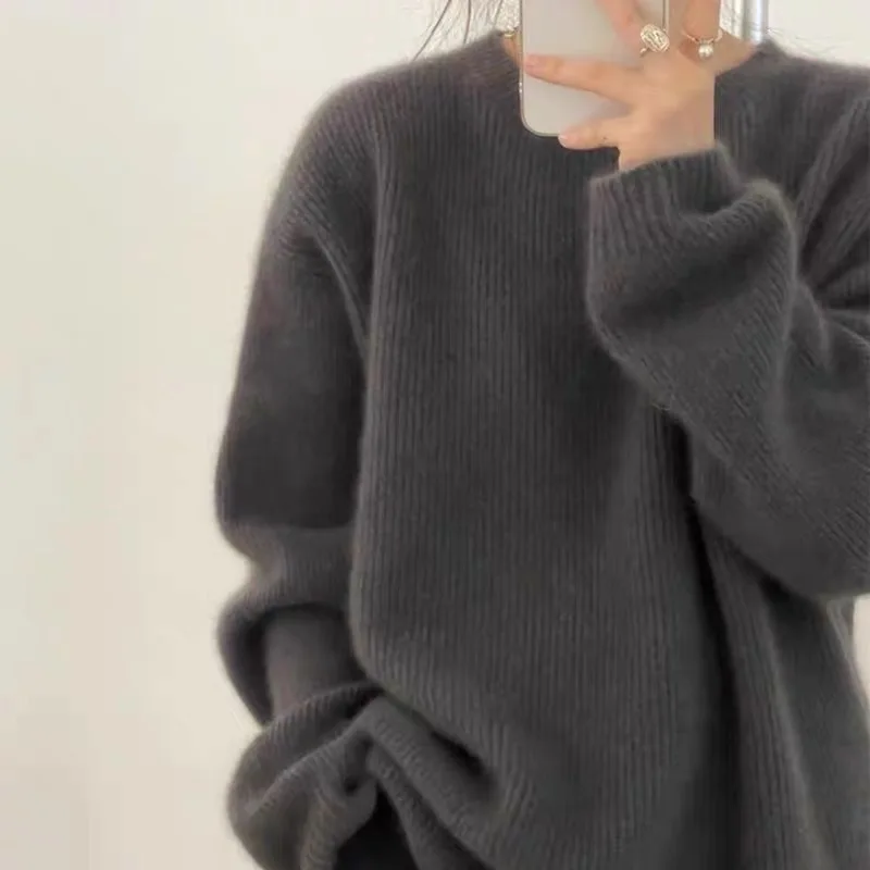 

autumn winter new round neck cashmere sweater female thick languid lazy wind dark gray sweater loose knit sweater