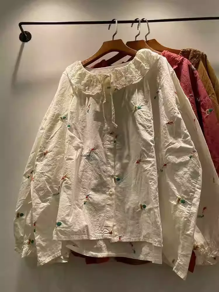 Одежда Mori kei японский бренд кружевной воротник вышивка рубашки и блузки с длинным