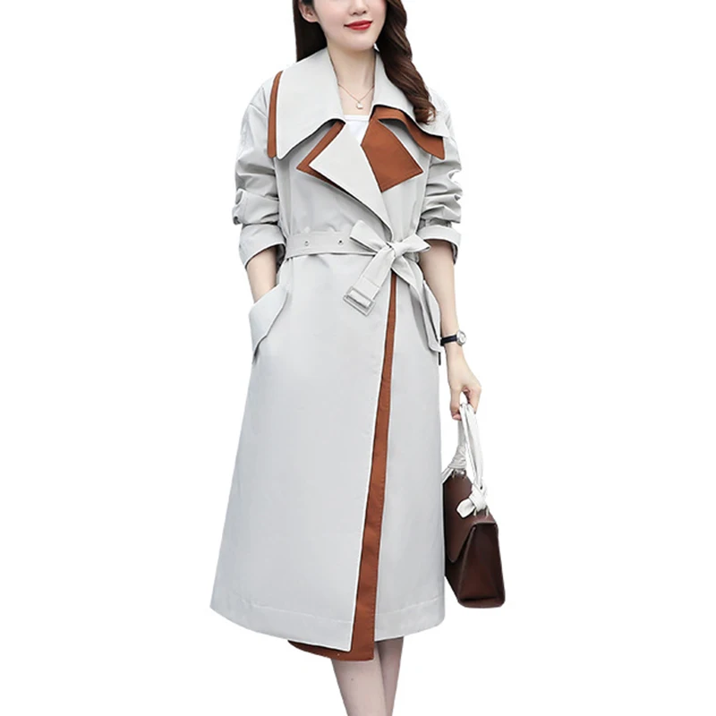 

Elegant Women Trench Coat New Spring Autumn Contrast Color Long Windbreakers Female Office Overcoat Streetwear Casaco Feminino