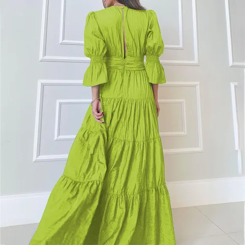 Female Fashion V Neck High Waist Party Dresses Spring Summer Solid Color Long Dress Elegant V Neck 3/4 Puff Sleeve Pleated Dress
