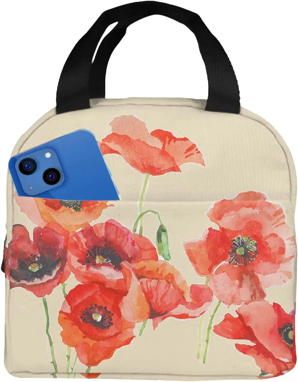 

Red Poppy Womens Lunch Box Retro Watercolor Oil Painting Poppies Beautiful Charming Floral Big Lunch Bag for Office Work Picnic