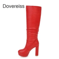 winter woman fashion new sexy red platform square toe block heels knee high boots chunky heels clear heels boots 41 42 43