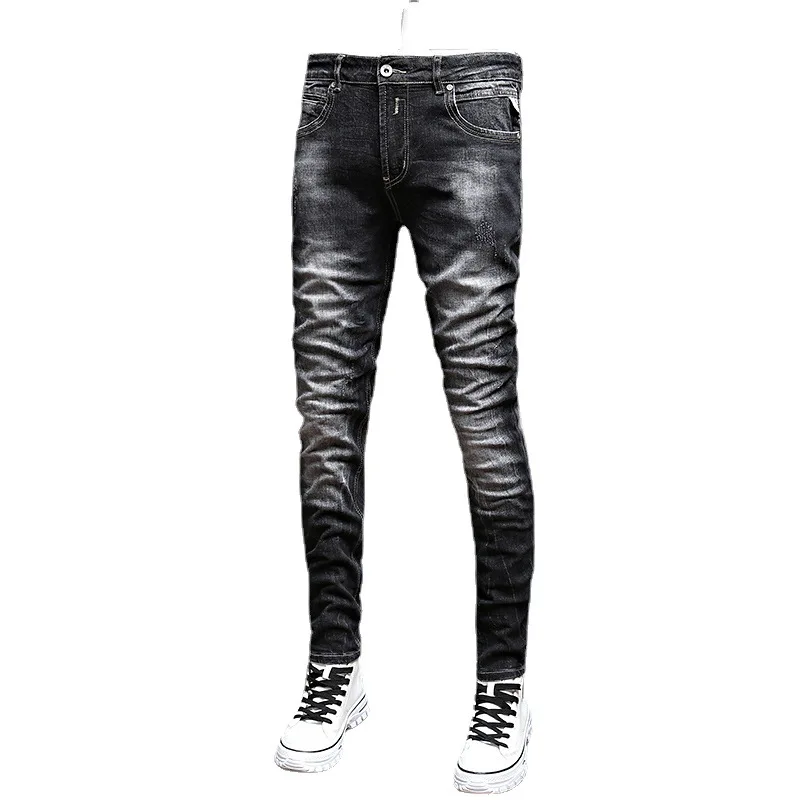 Italian Style Fashion Men Jeans Retro Black Gray Elastic Stretch Slim Fit Ripped Jeans Men Vintage Designer Denim Pants Hombre