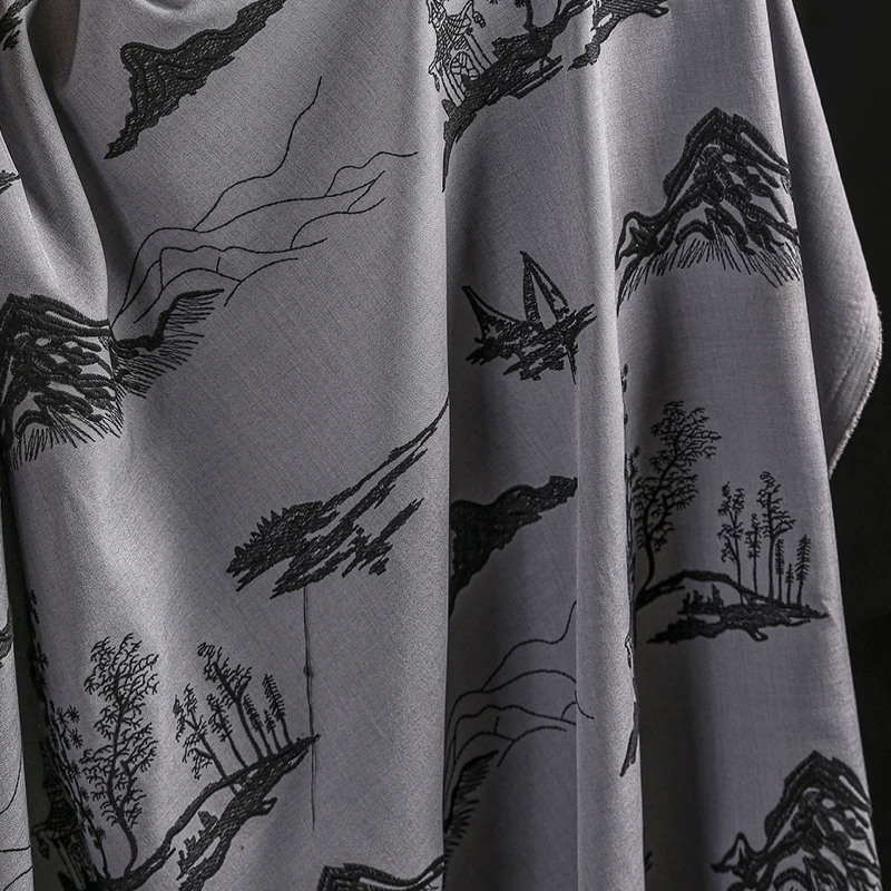 Пессенция пейзажная вышивка ткань для костюма серая нижняя часть черная линия