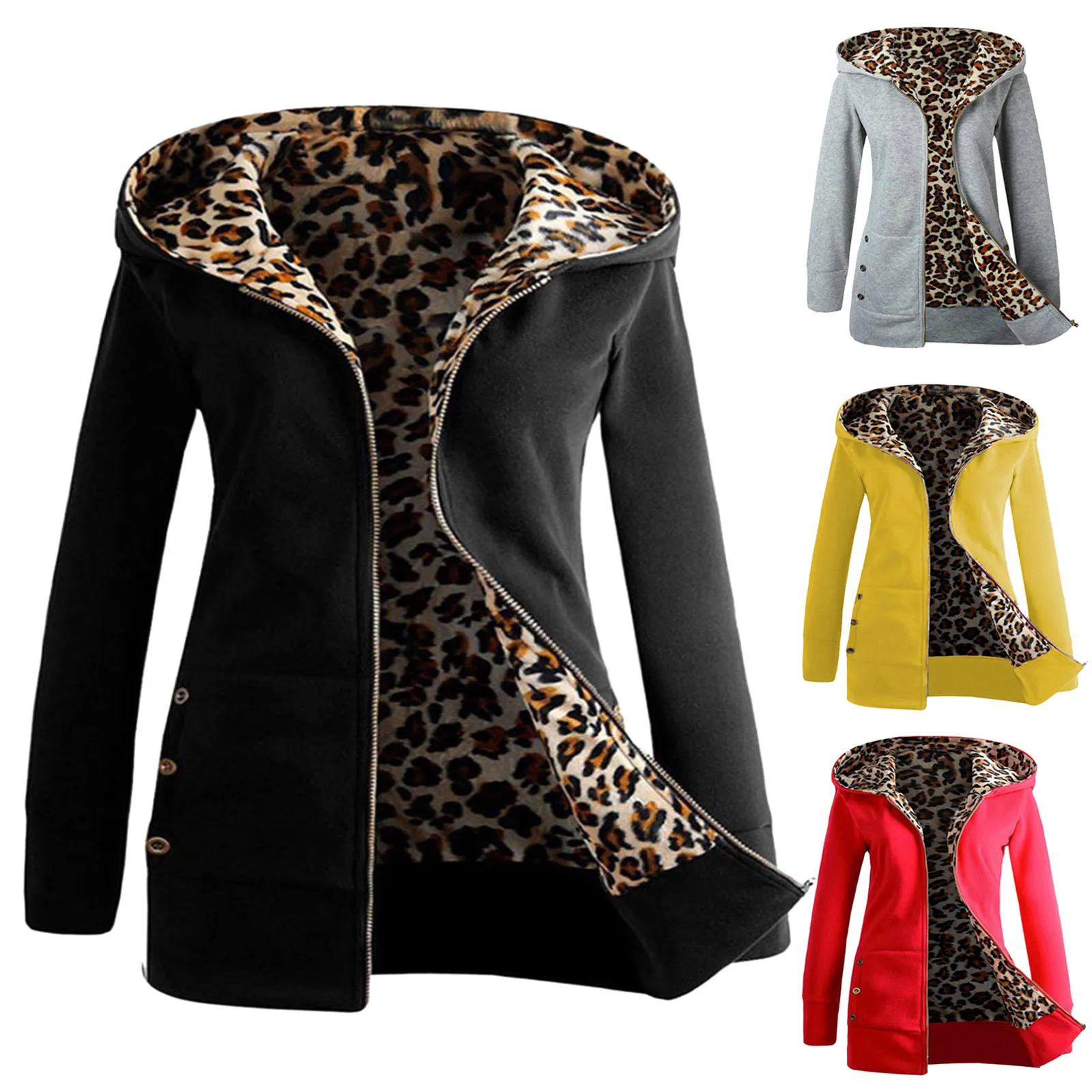 

New women's thickened plush hooded leopard print pocket mid length jacket