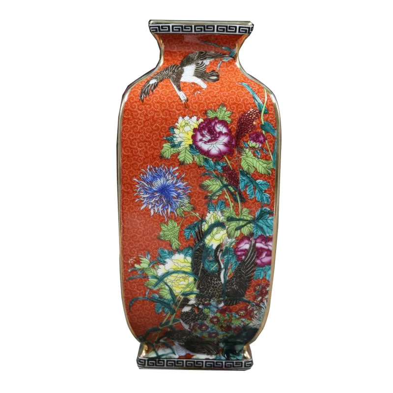 

Qing Qianlong Red Enamel Flowers and Birds Square Vases Antique Porcelain Home Living Room Arrangements Antique Collection