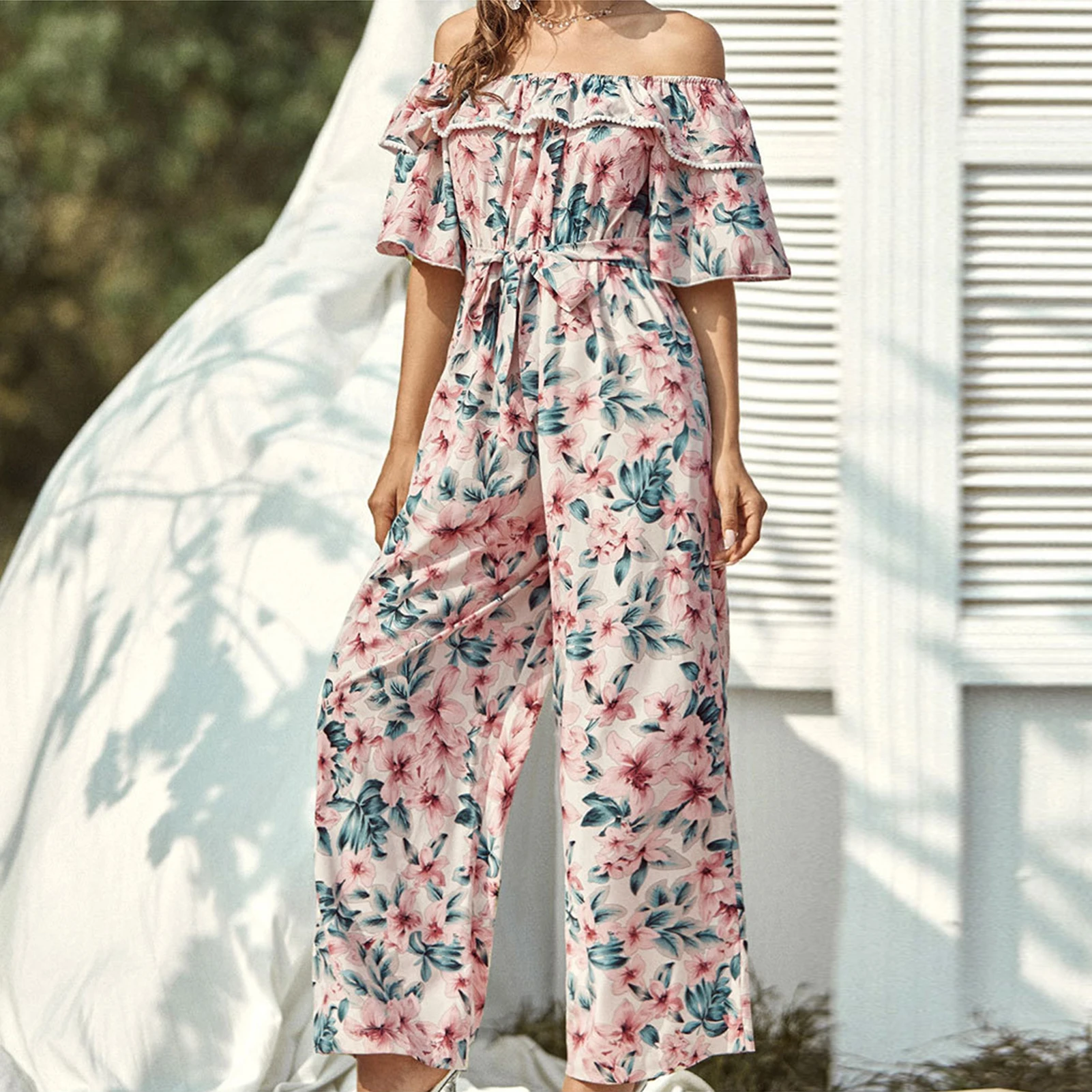 

Женские комбинезоны с широкими штанинами, летние комбинезоны с открытыми плечами и оборками, повседневные модные комбинезоны с цветочным п...