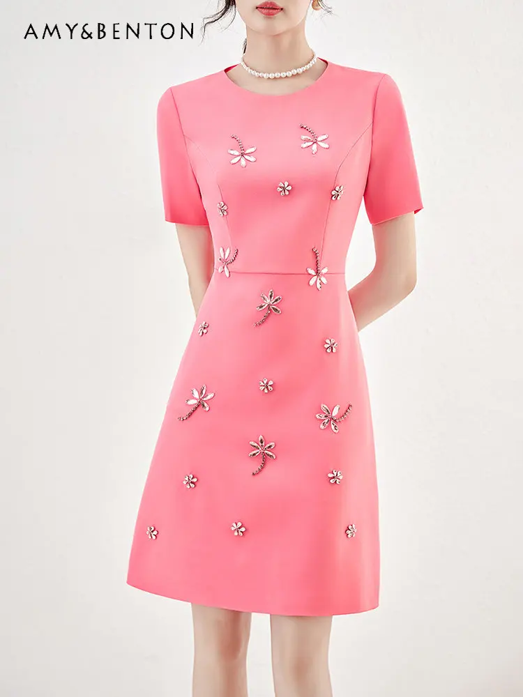 2023 Summer New Women's Elegant High Sense Socialite Style Heavy Industry Diamond Dress Waist-Tight Slimming A- Line Dress