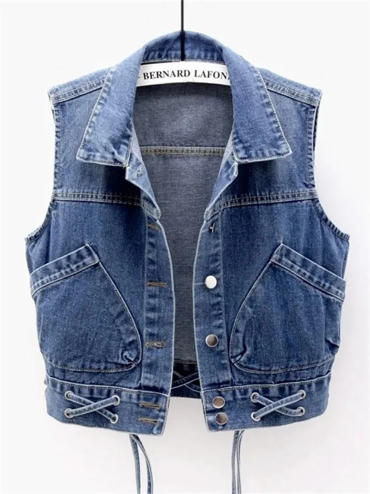 

Женский джинсовый жилет 5XL, Синяя Женская куртка без рукавов, Корейская Облегающая джинсовая куртка, однобортная Короткая Безрукавка, лето
