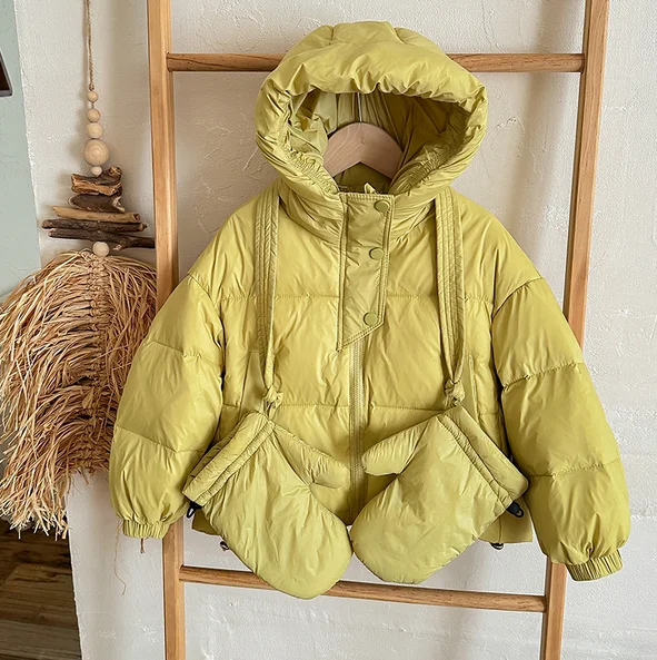 Winter New Children White Duck Down Jacket Gloved Korean Solid Color Toddler Warm Windproof Outerwear Versatile Boys Girls Coats