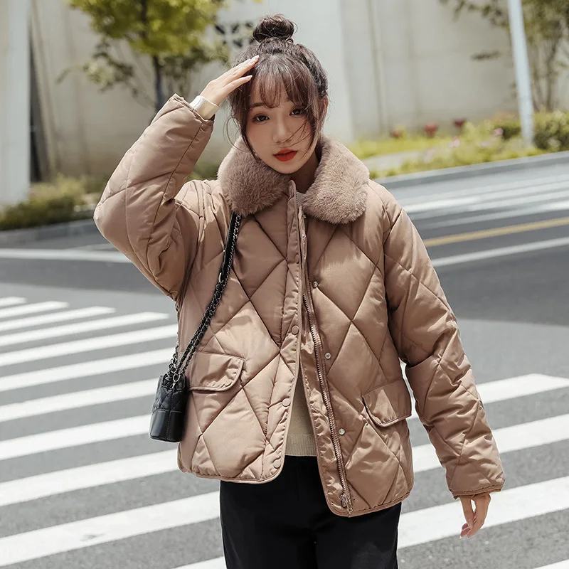 GRELLER 2022 New Winter Jacket For Women Fur Collar Female Padded Thicken Coat Solid Black Oversize Quilted Parkas Clothes Short