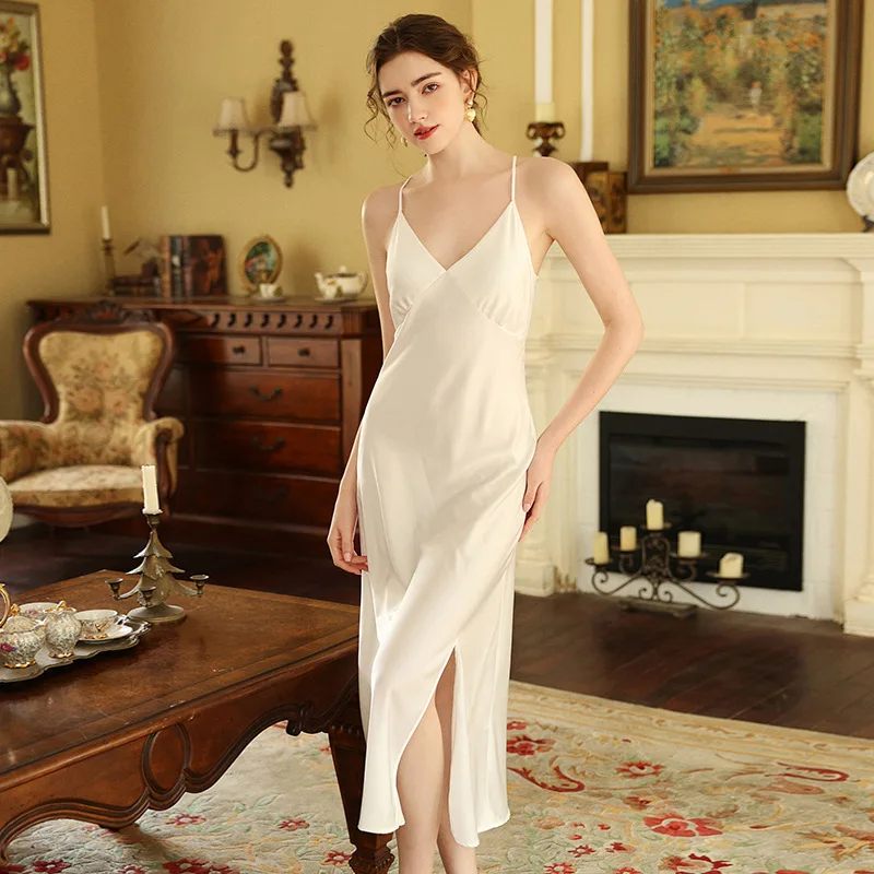Women Summer Satin Sling Night Dress Sexy Deep V-neck Nightgowns Sleepwear Elegant Slit Sleepshirts Long Backless Home Dresses