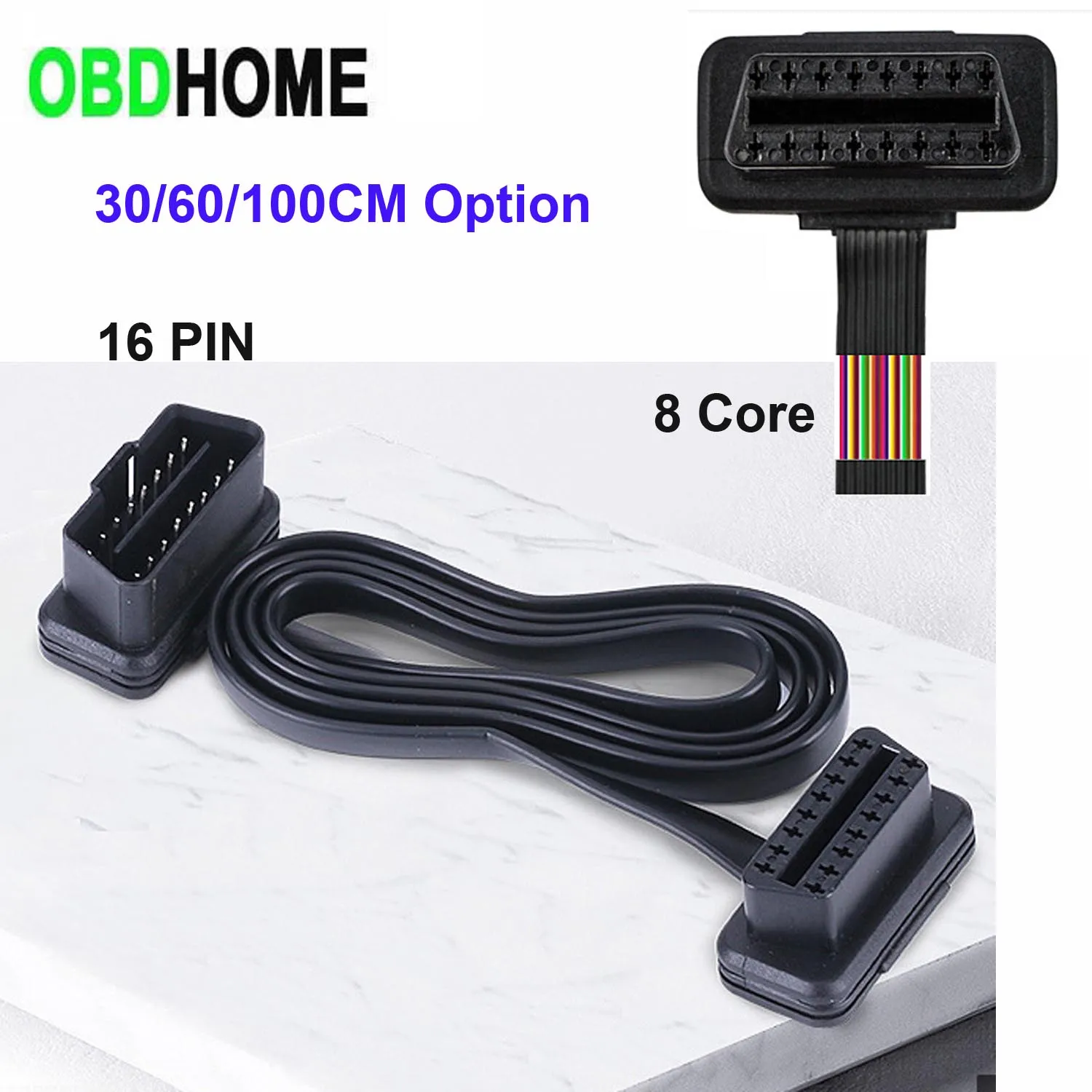 Плоский тонкий кабель-лапша 30/60/100 см, 16-контактный разъем OBD OBDII OBD2 16-контактный Автомобильный сканер, Удлинительный кабель, 8-ядерный разъем