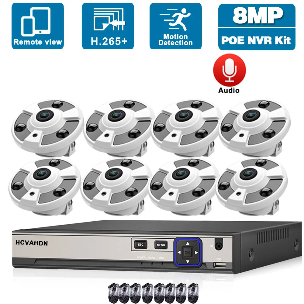 

4K Fisheye CCTV Dome Camera Security System Kit 8MP 8CH POE NVR Set Indoor IP Panoramic Camera Video Surveillance System Kit 4CH
