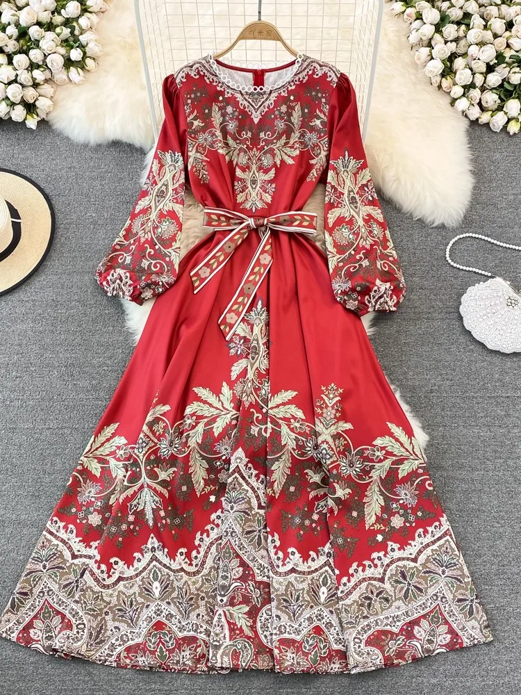 

Women Autumn Vintage French Style Dress Female Elegant Long Sleeve Elastic Waist Print Maxi Vestdios Dress
