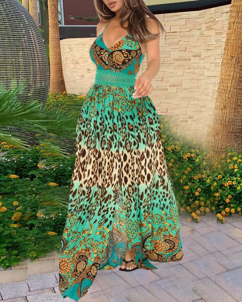 

Women Dress V-neck Fashion Openwork Sling Print Leopard Print High Waist Sexy Sleeveless Loose Slit Banquet Spring Summer Dress