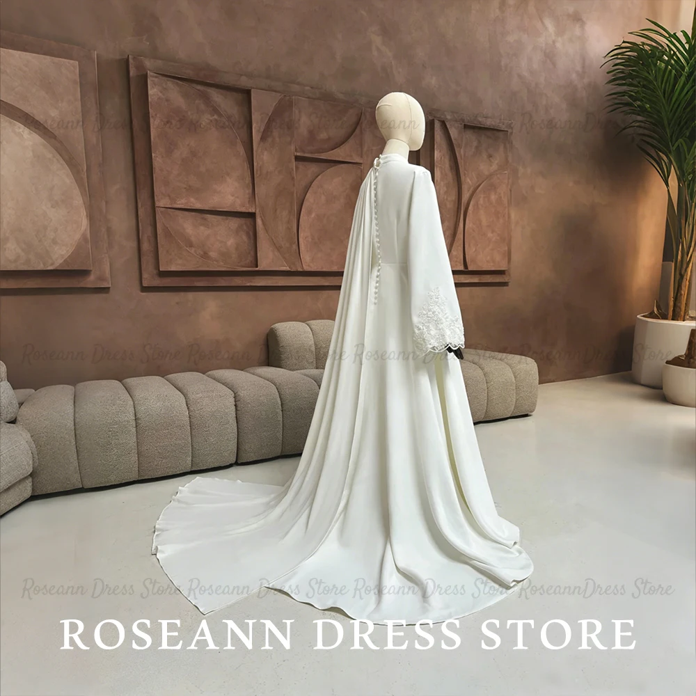 Фото Свадебное платье Roseann: скромное мусульманское платье с кейпом, кружевными рукавами-колокол и шлейфом, полностью закрытое, исламское, для невесты, на заказ (vestido de novia) №3