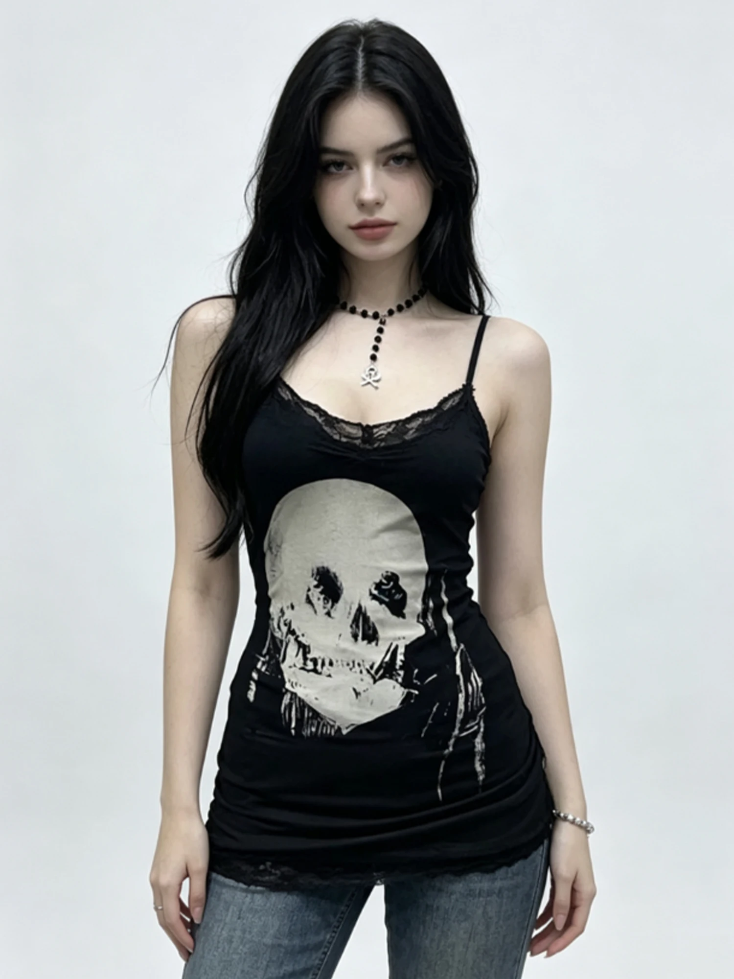 Фото Женское облегающее платье в стиле Dark Alt Hot Girl, сексуальное черное платье с принтом черепов, готическое платье-комбинация Y2K Gyaru E-girls, мини-платье для женщин на лето №1